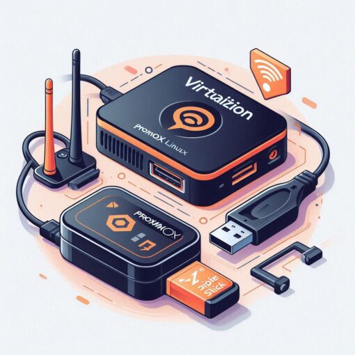 A cartoon-style blog post image featuring virtualization with ProxMox (Linux) and MiniPCs, showcasing a sleek and modern tech setup with black and orange colors. The USB port of the mentioned mini PC should have a Zigbee stick